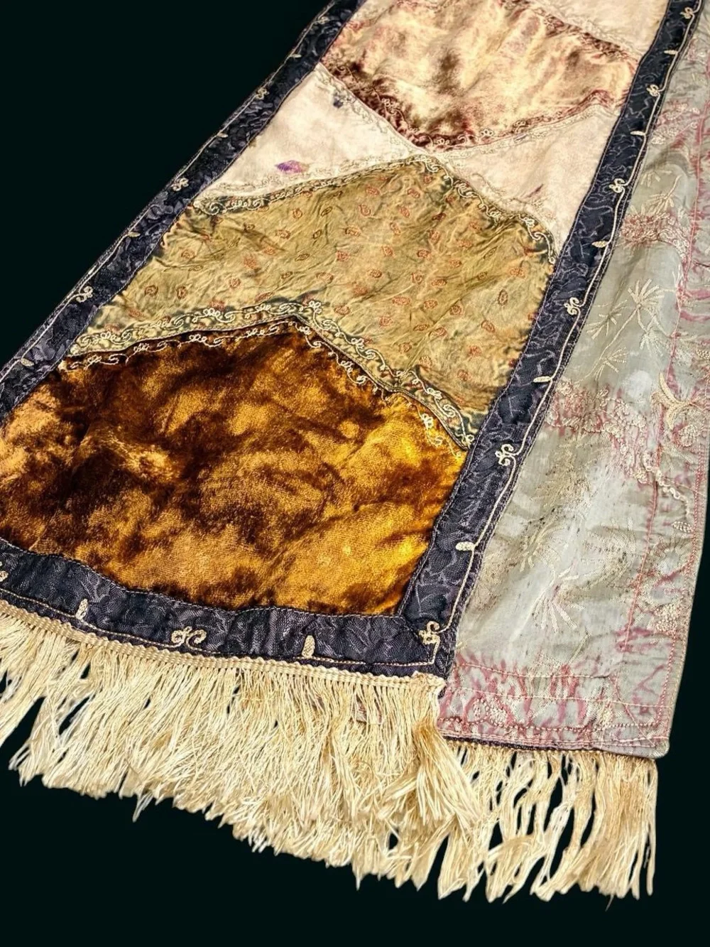 Vintage Beige Velvet Embroidered Bohemian Fringe Fashion Scarf